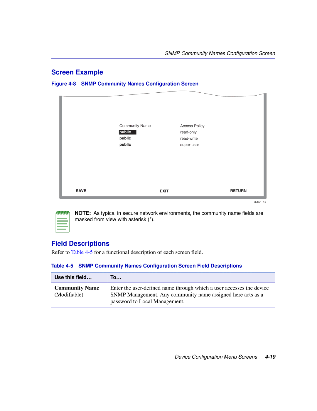 Enterasys Networks 2H258, 2E253, 2H253, 2H252 manual Snmp Community Names Configuration Screen 