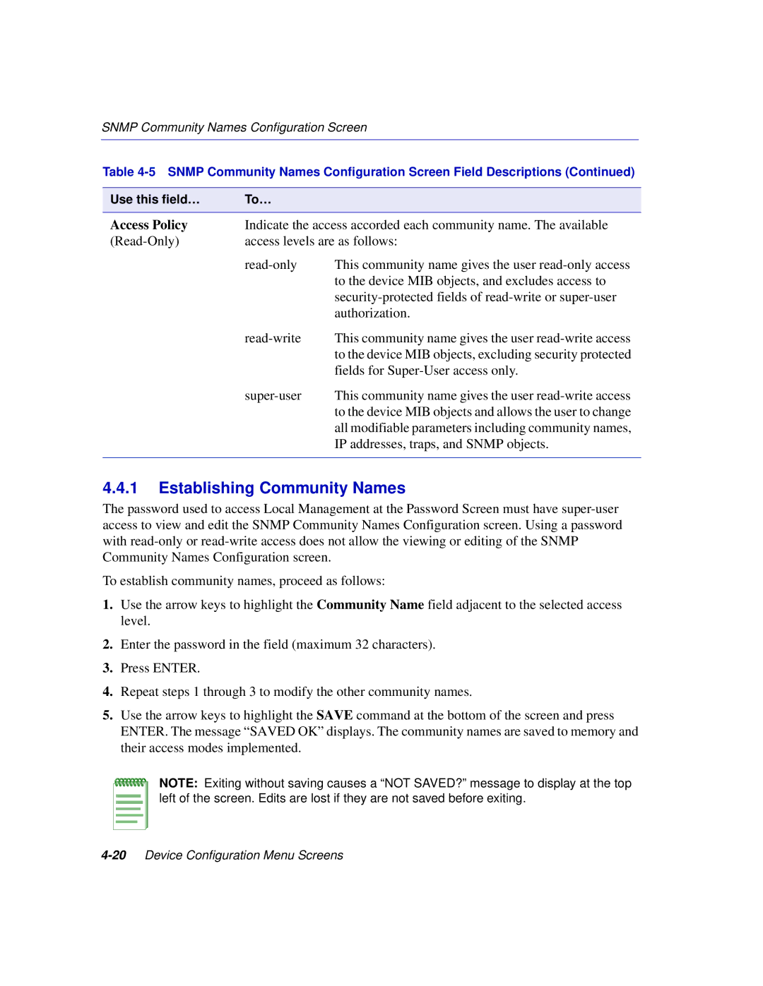 Enterasys Networks 2E253, 2H253, 2H252, 2H258 manual Establishing Community Names, Access Policy 