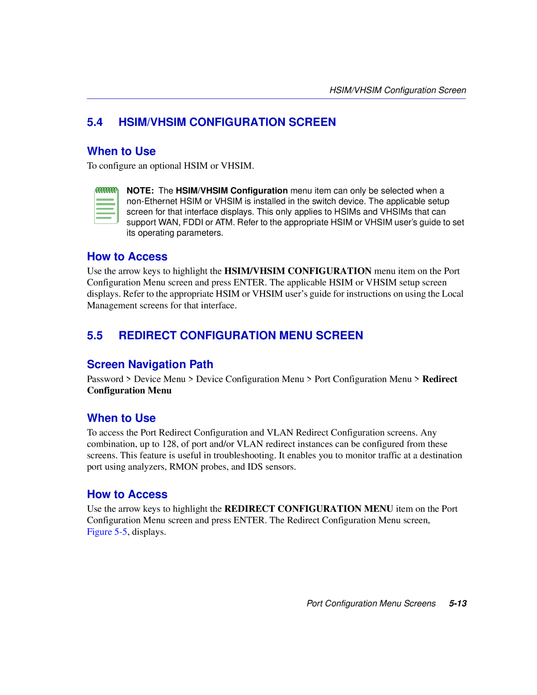 Enterasys Networks 2H253, 2E253, 2H252, 2H258 manual HSIM/VHSIM Configuration Screen, Redirect Configuration Menu Screen 