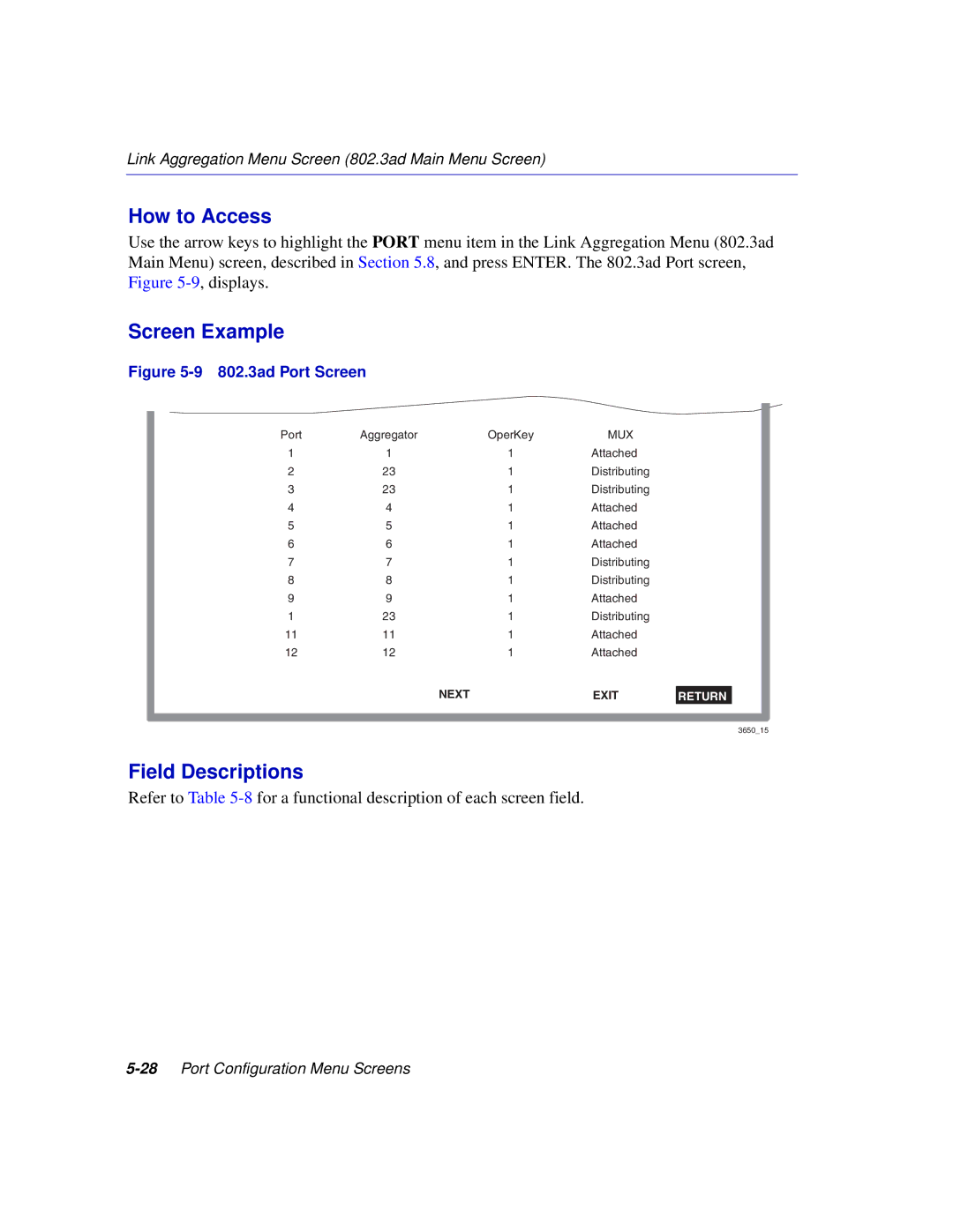 Enterasys Networks 2E253, 2H253, 2H252, 2H258 manual 802.3ad Port Screen 