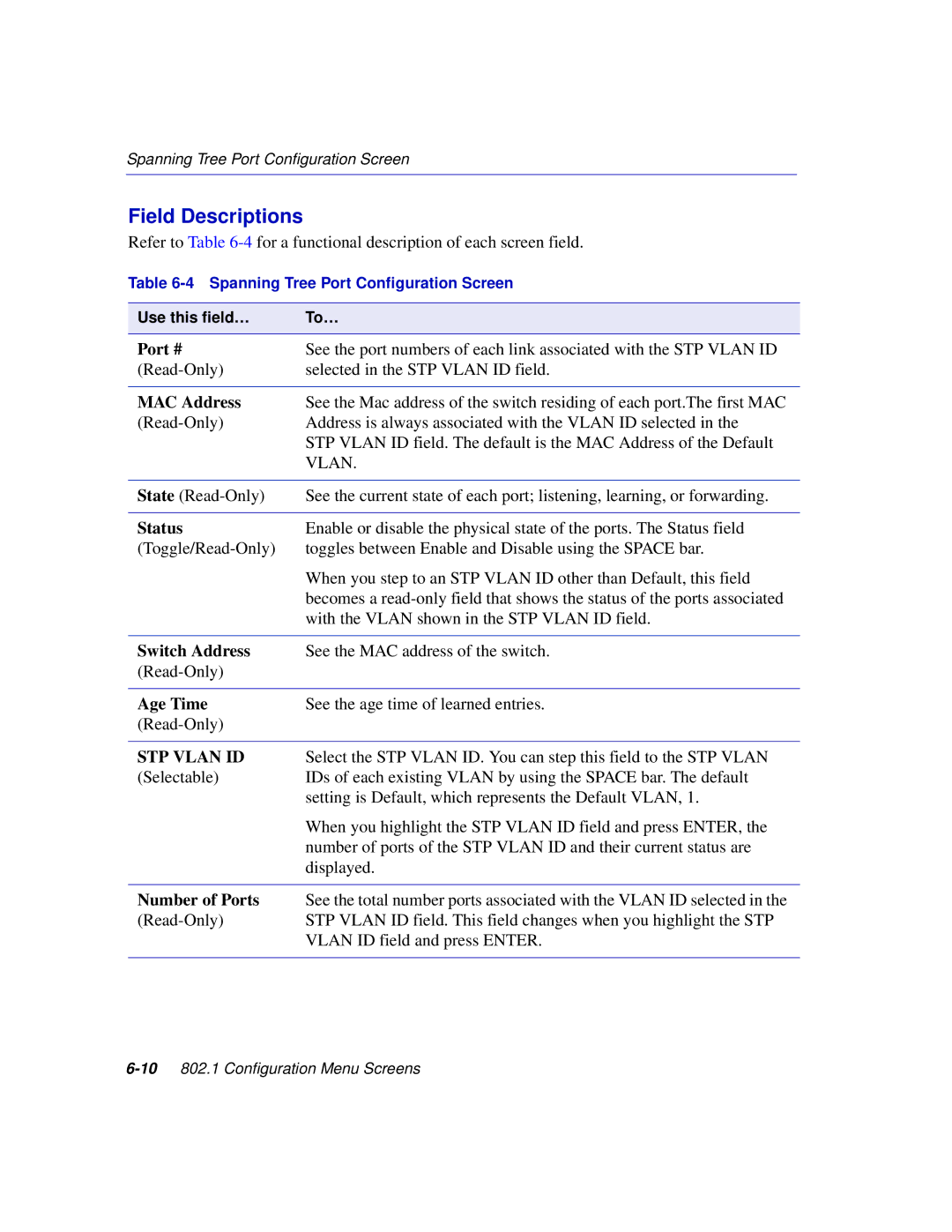 Enterasys Networks 2E253, 2H253, 2H252, 2H258 manual Switch Address, Age Time, STP Vlan ID 