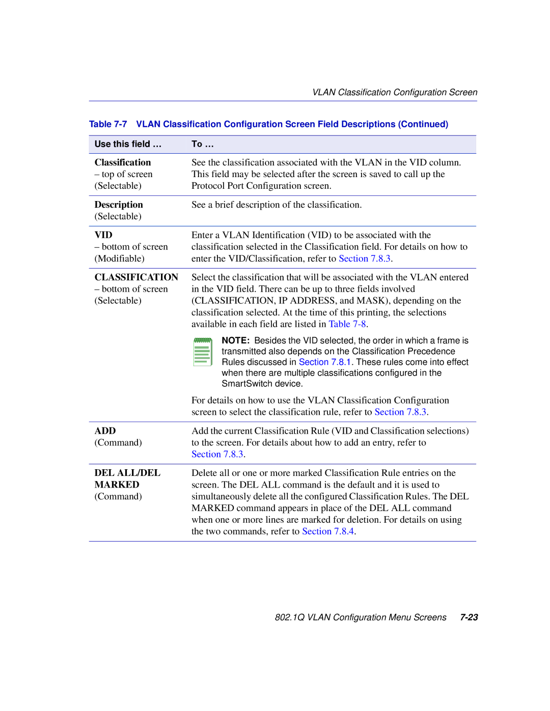 Enterasys Networks 2H258, 2E253, 2H253, 2H252 manual Classification, Description, Del All/Del, Marked 