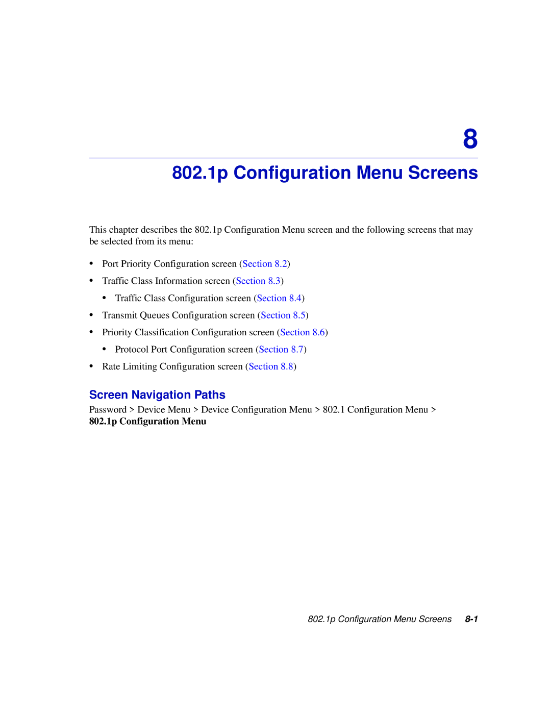 Enterasys Networks 2H258, 2E253, 2H253, 2H252 manual Screen Navigation Paths, 802.1p Configuration Menu 