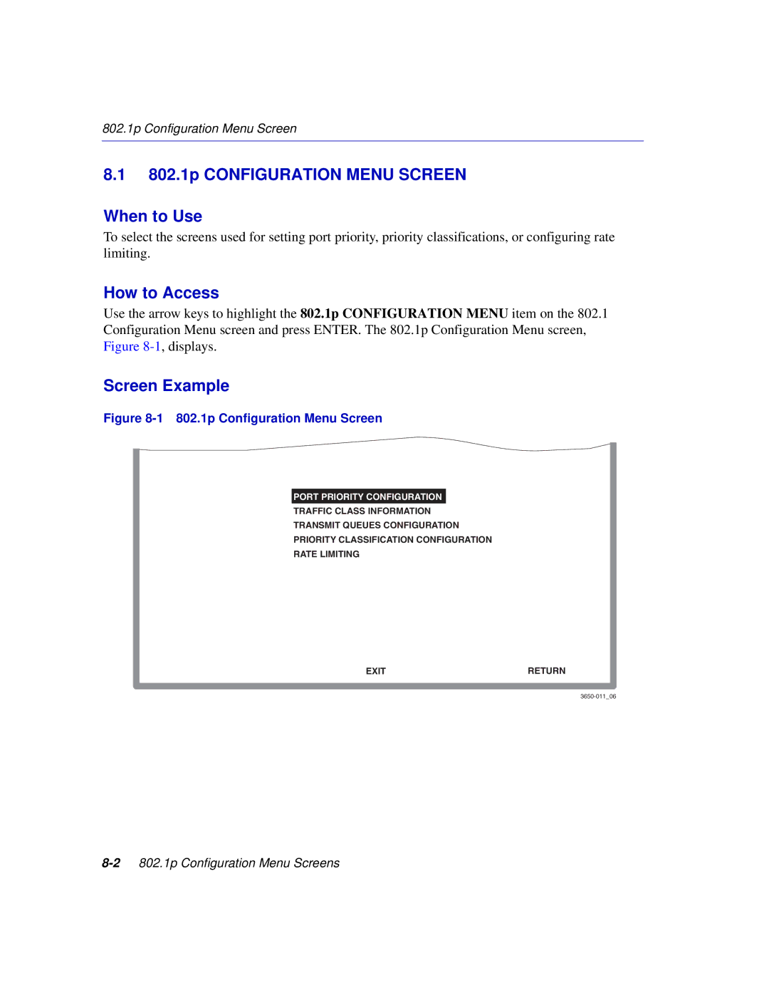 Enterasys Networks 2E253, 2H253, 2H252, 2H258 manual 802.1p Configuration Menu Screen When to Use, Port Priority Configuration 