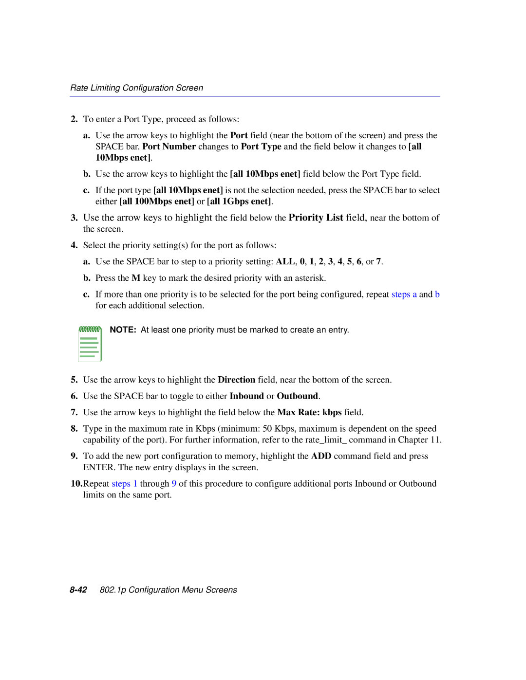 Enterasys Networks 2E253, 2H253, 2H252, 2H258 manual 42802.1p Configuration Menu Screens 