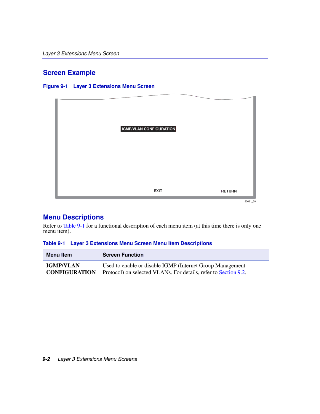 Enterasys Networks 2H252, 2E253, 2H253, 2H258 manual Igmp/Vlan, Layer 3 Extensions Menu Screen 