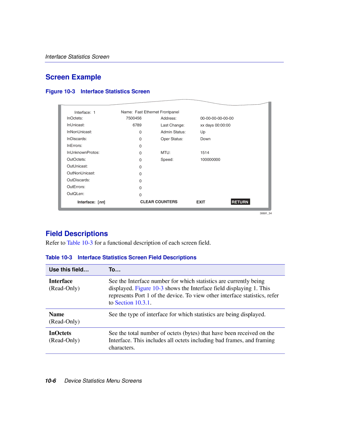 Enterasys Networks 2H252, 2E253, 2H253, 2H258 manual InOctets, Interface Statistics Screen 