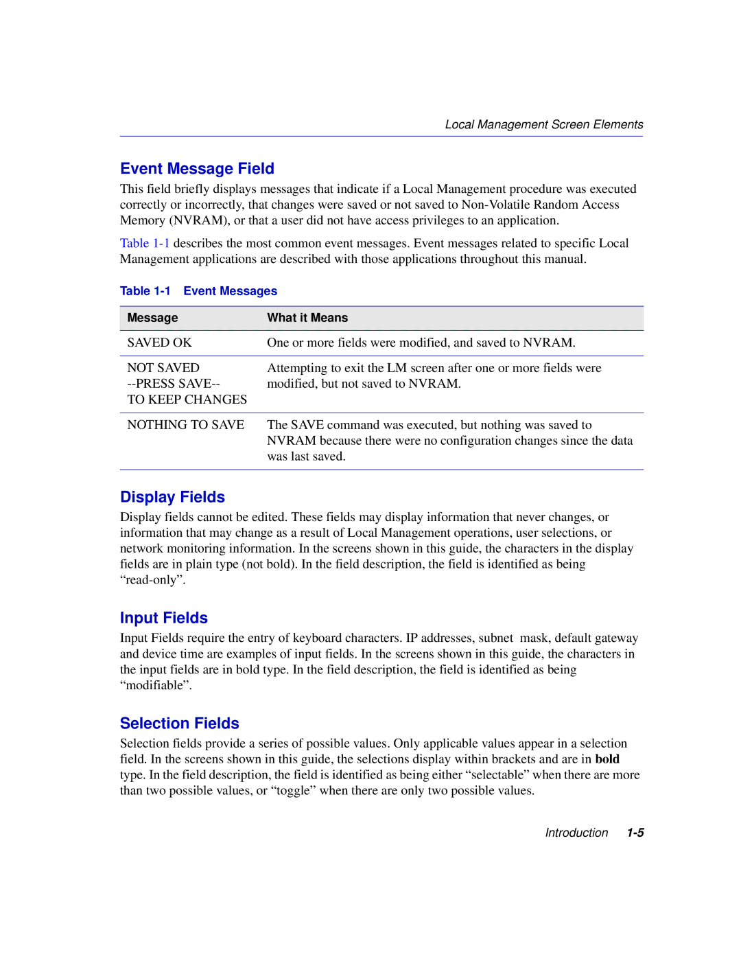 Enterasys Networks 2H253, 2E253, 2H252, 2H258 manual Event Message Field, Display Fields, Input Fields, Selection Fields 