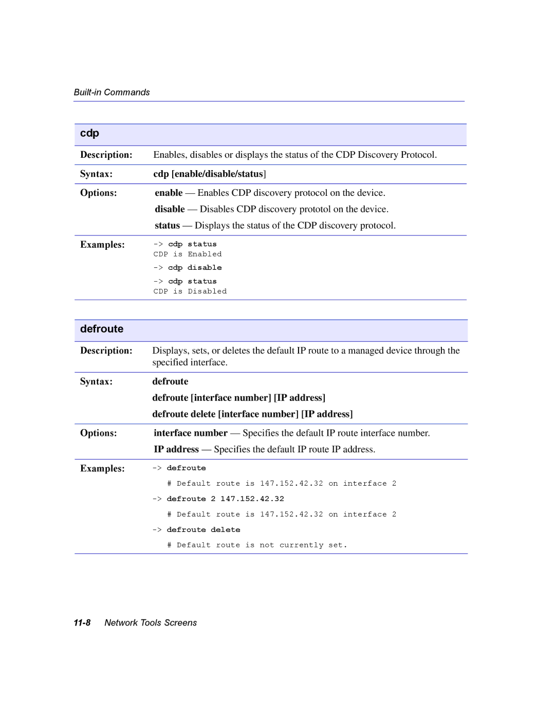 Enterasys Networks 2E253, 2H253, 2H252, 2H258 manual Defroute, Syntax Cdp enable/disable/status Options 