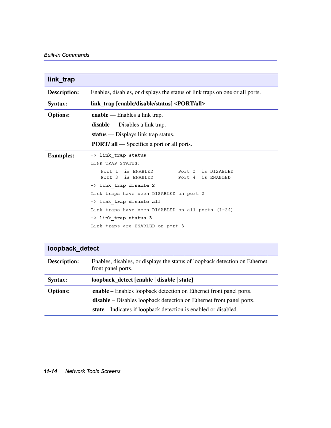 Enterasys Networks 2H252, 2E253, 2H253, 2H258 manual Linktrap, Loopbackdetect, Syntax linktrap enable/disable/status PORT/all 