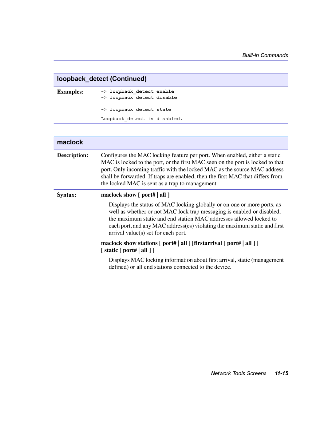 Enterasys Networks 2H258, 2E253, 2H253, 2H252 manual Maclock, Syntax maclock show port# all 