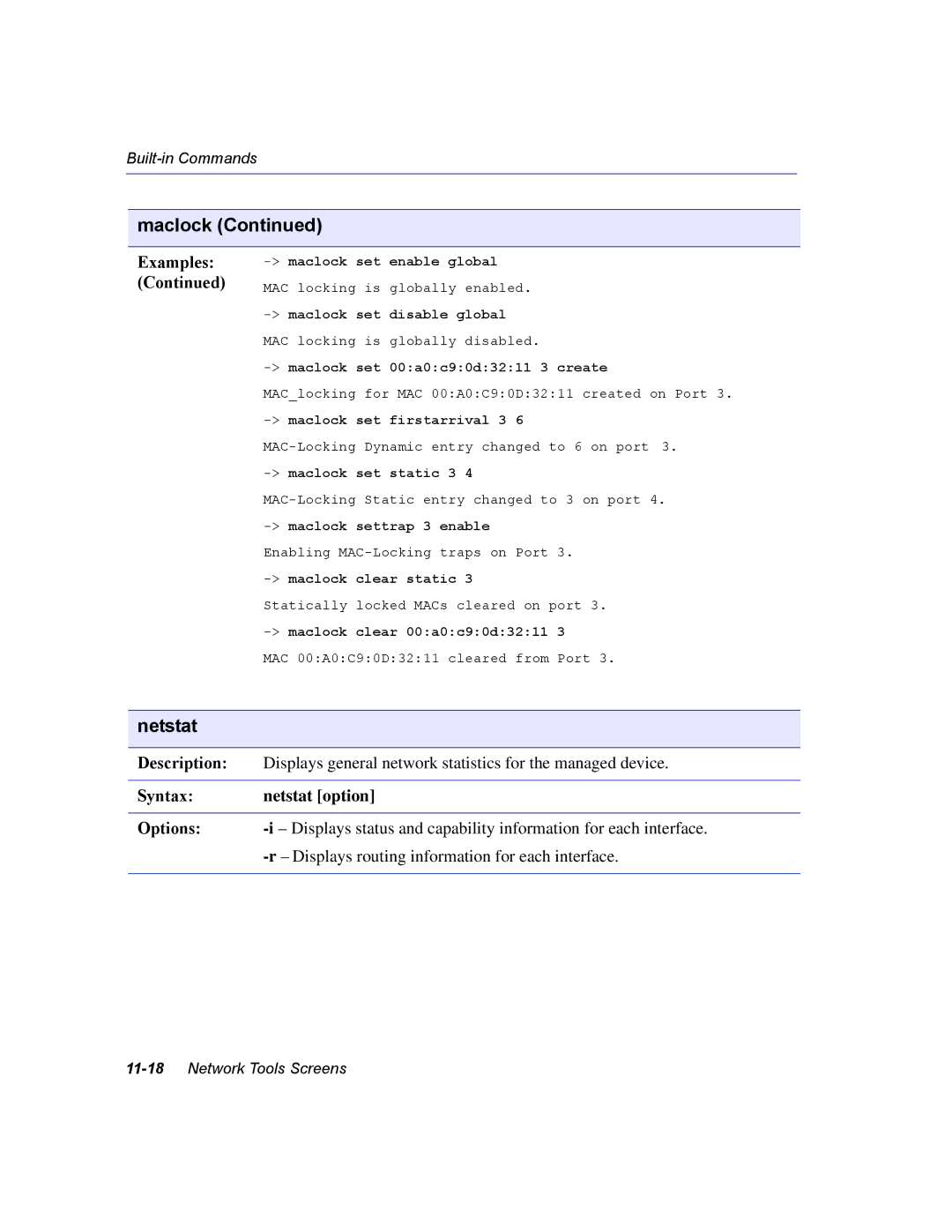 Enterasys Networks 2H252, 2E253, 2H253, 2H258 manual Netstat, Maclock set enable global 