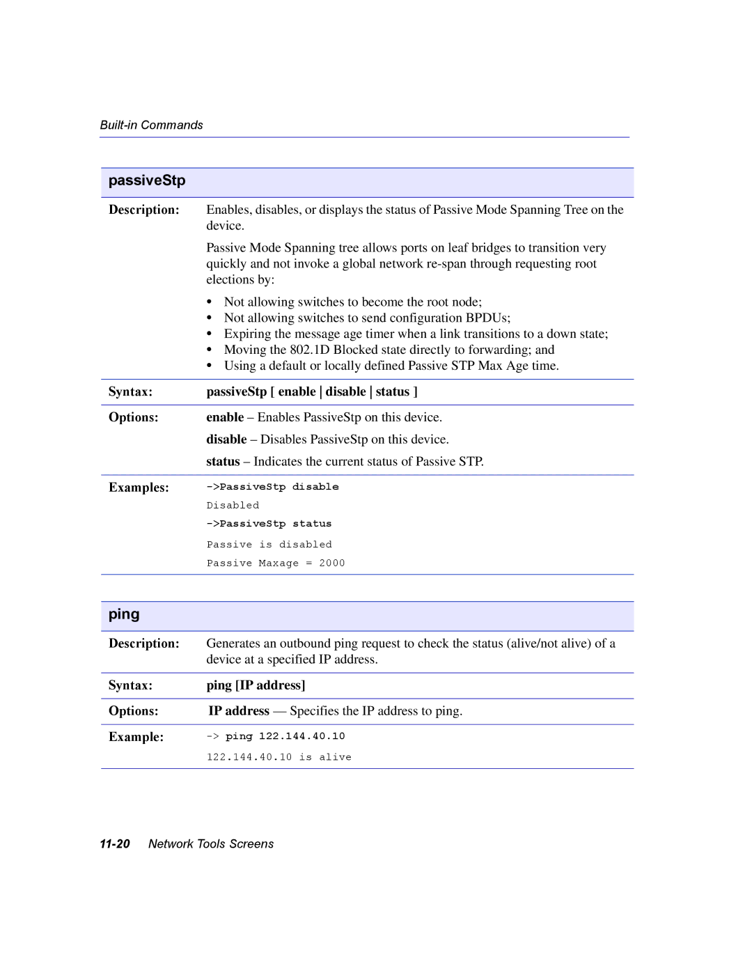 Enterasys Networks 2E253, 2H253, 2H252, 2H258 manual PassiveStp, Ping 