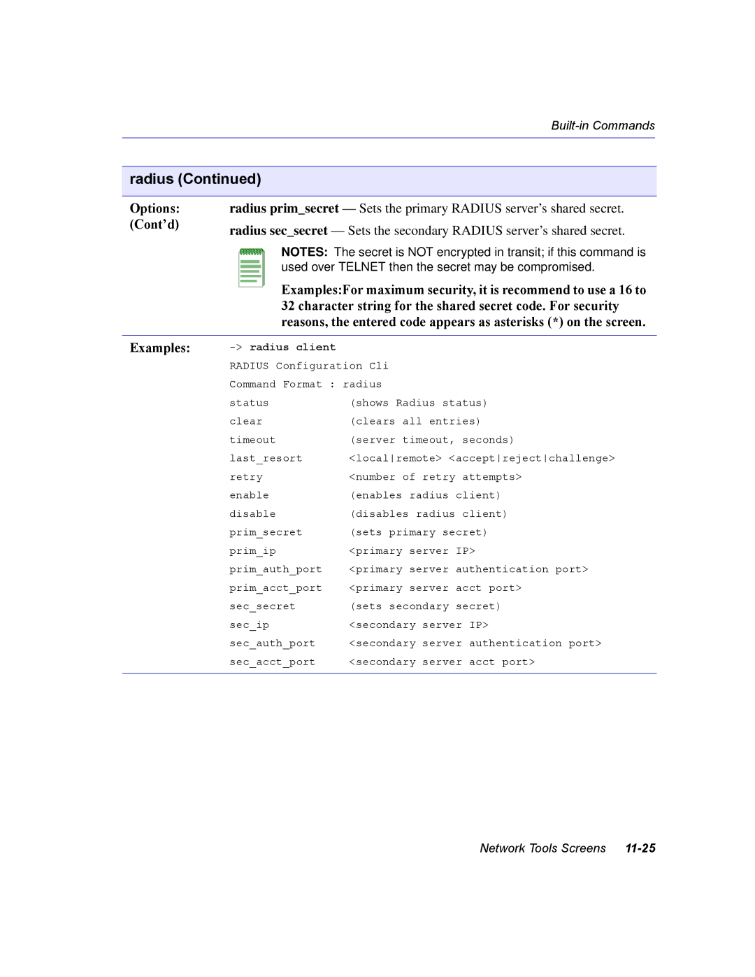 Enterasys Networks 2H253, 2E253, 2H252, 2H258 manual Character string for the shared secret code. For security, Radius client 