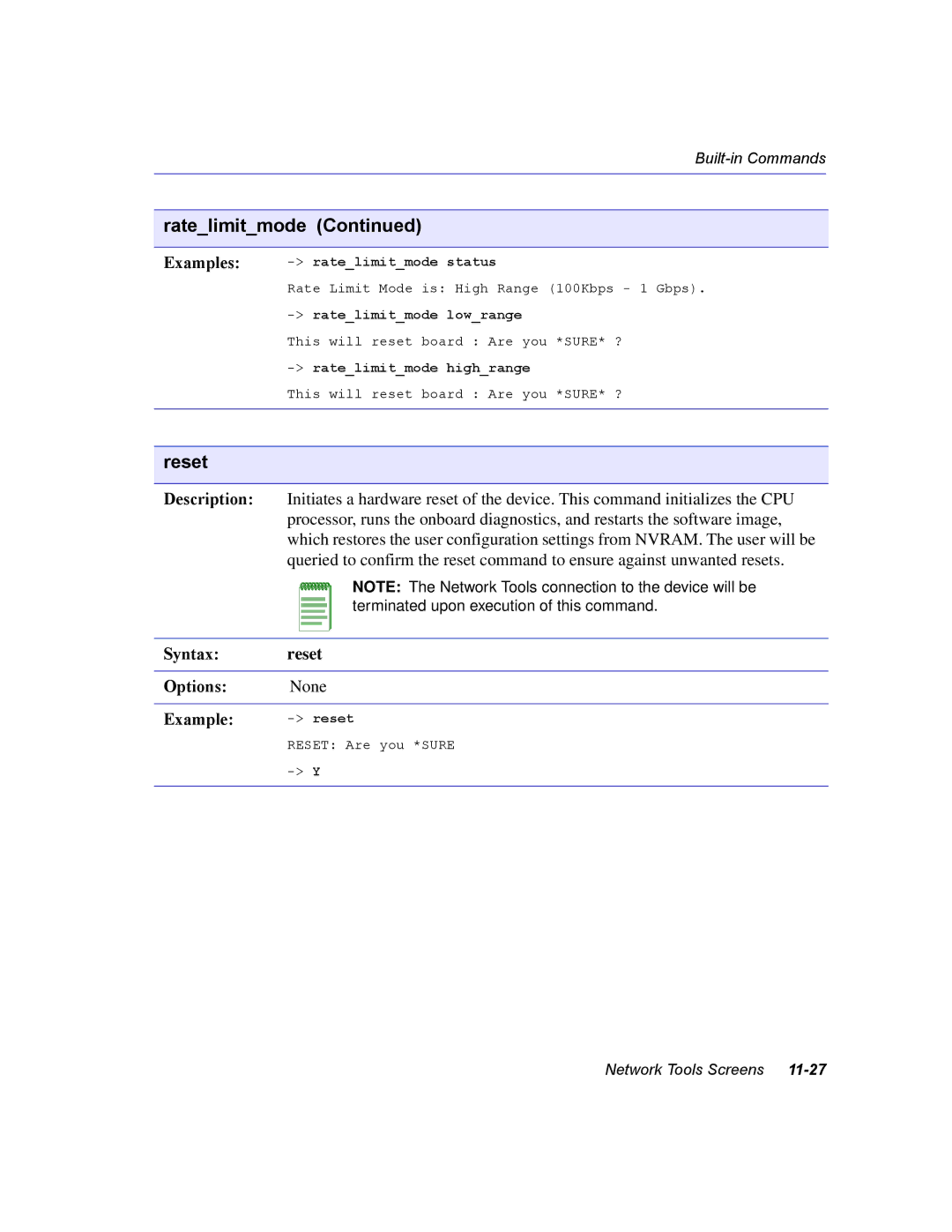 Enterasys Networks 2H258, 2E253, 2H253, 2H252 manual Reset, Syntax reset Options None Example -reset 