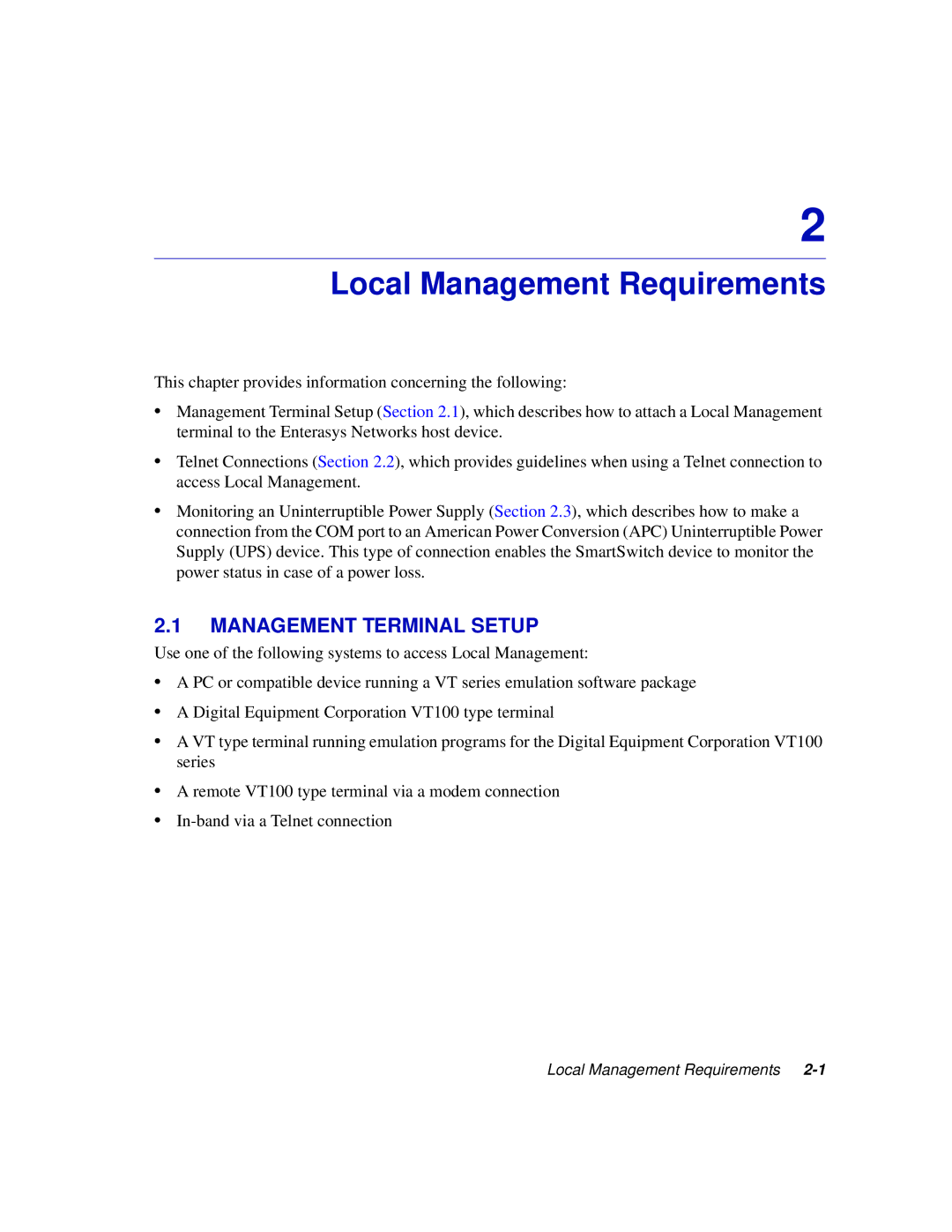 Enterasys Networks 2H253, 2E253, 2H252, 2H258 manual Local Management Requirements, Management Terminal Setup 