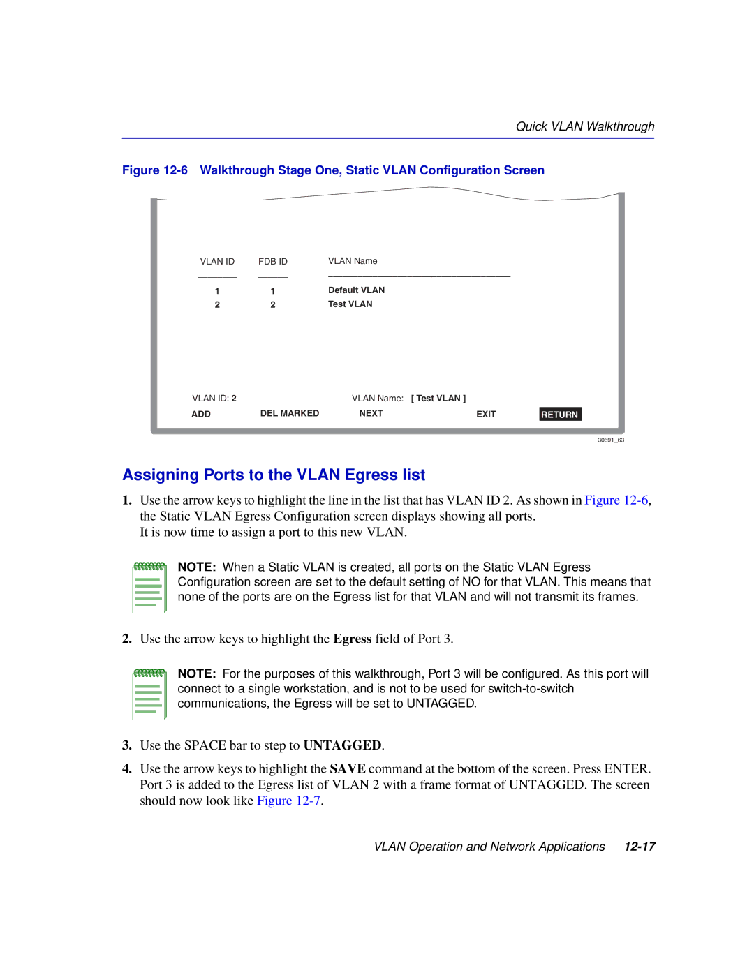 Enterasys Networks 2H253 Assigning Ports to the Vlan Egress list, Walkthrough Stage One, Static Vlan Configuration Screen 