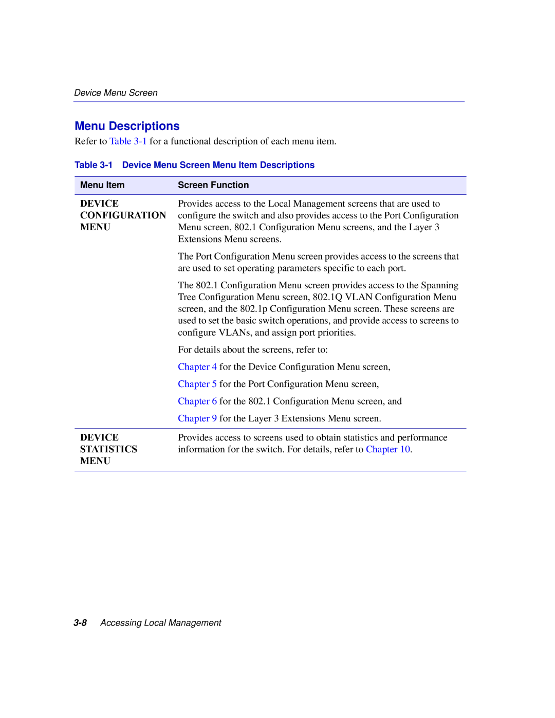 Enterasys Networks 2H252, 2E253, 2H253, 2H258 manual Menu Descriptions, Device, Configuration, Statistics 