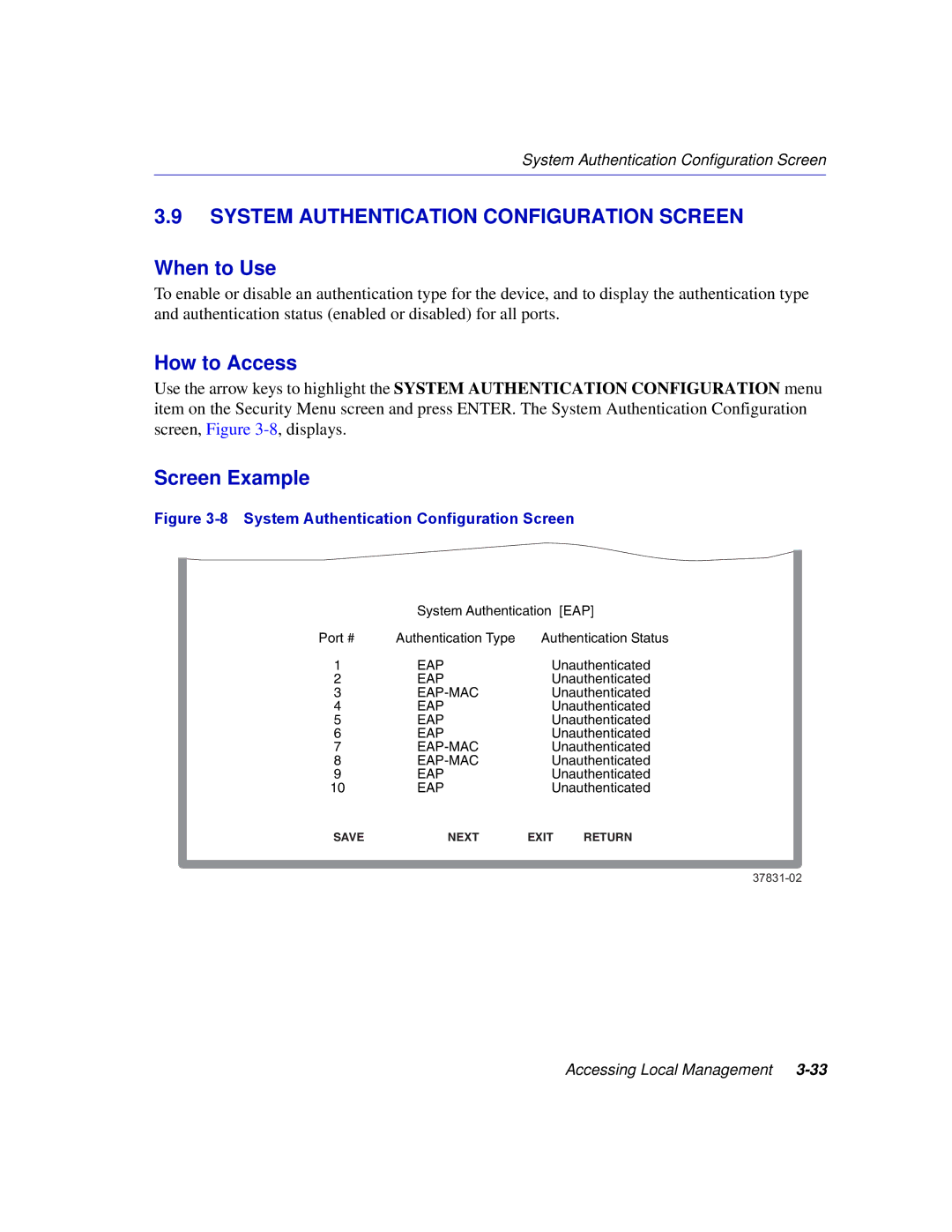 Enterasys Networks 2H258, 2E253, 2H253, 2H252 manual System Authentication Configuration Screen 