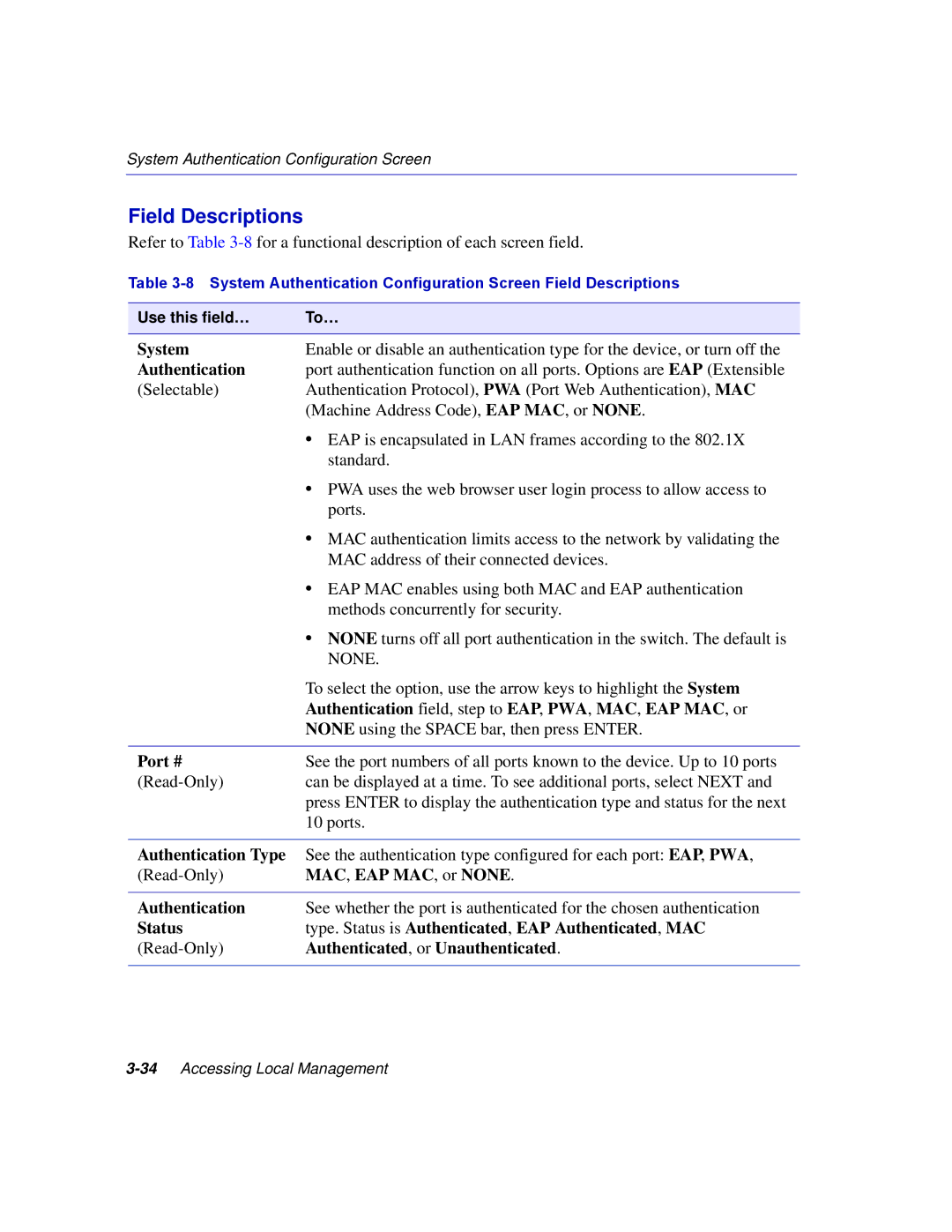 Enterasys Networks 2E253 manual System, Authentication, Port #, MAC , EAP MAC , or None, Authenticated , or Unauthenticated 