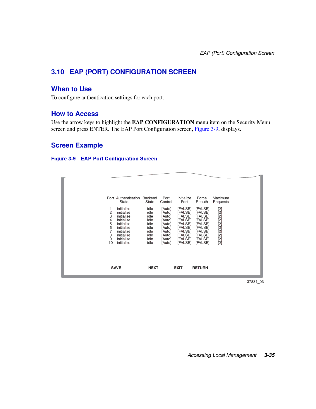 Enterasys Networks 2H253, 2E253, 2H252, 2H258 manual EAP Port Configuration Screen 