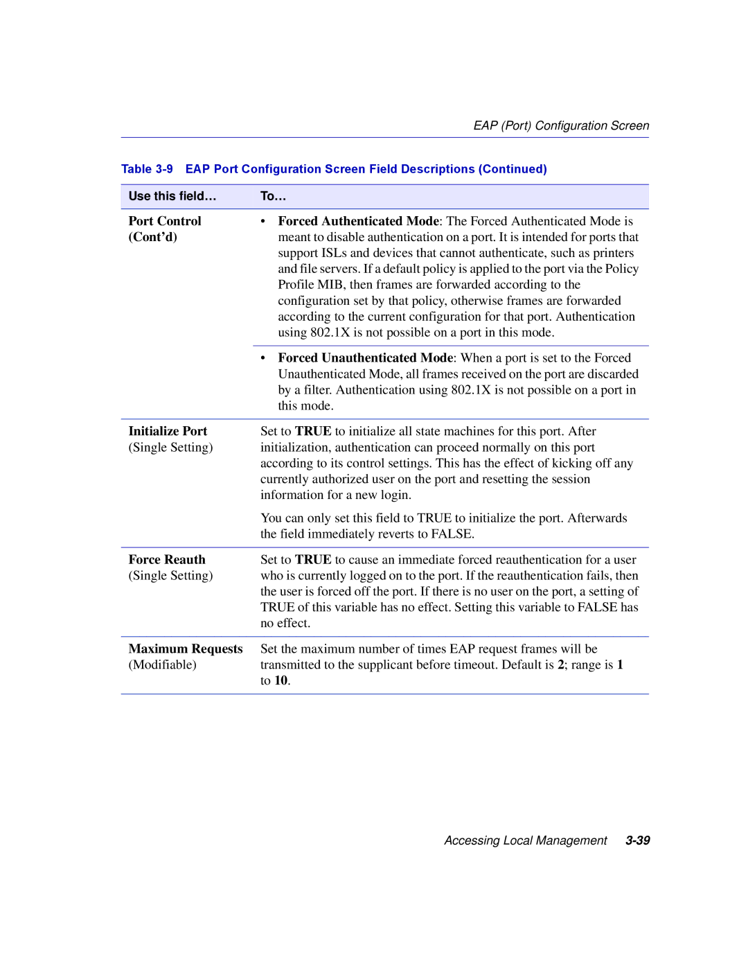 Enterasys Networks 2H253, 2E253, 2H252, 2H258 manual Initialize Port, Force Reauth, Maximum Requests 