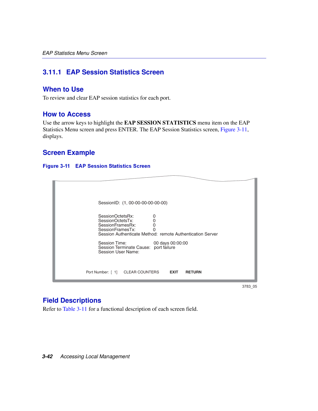 Enterasys Networks 2E253, 2H253, 2H252, 2H258 manual EAP Session Statistics Screen When to Use 