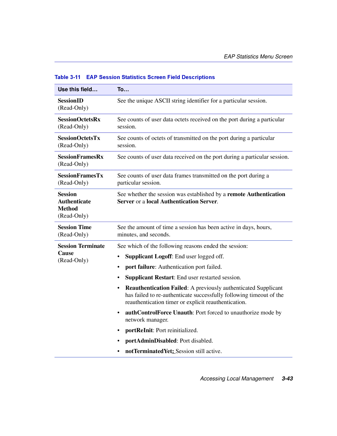 Enterasys Networks 2H253 manual SessionID, SessionOctetsRx, SessionOctetsTx, SessionFramesRx, SessionFramesTx, Session Time 