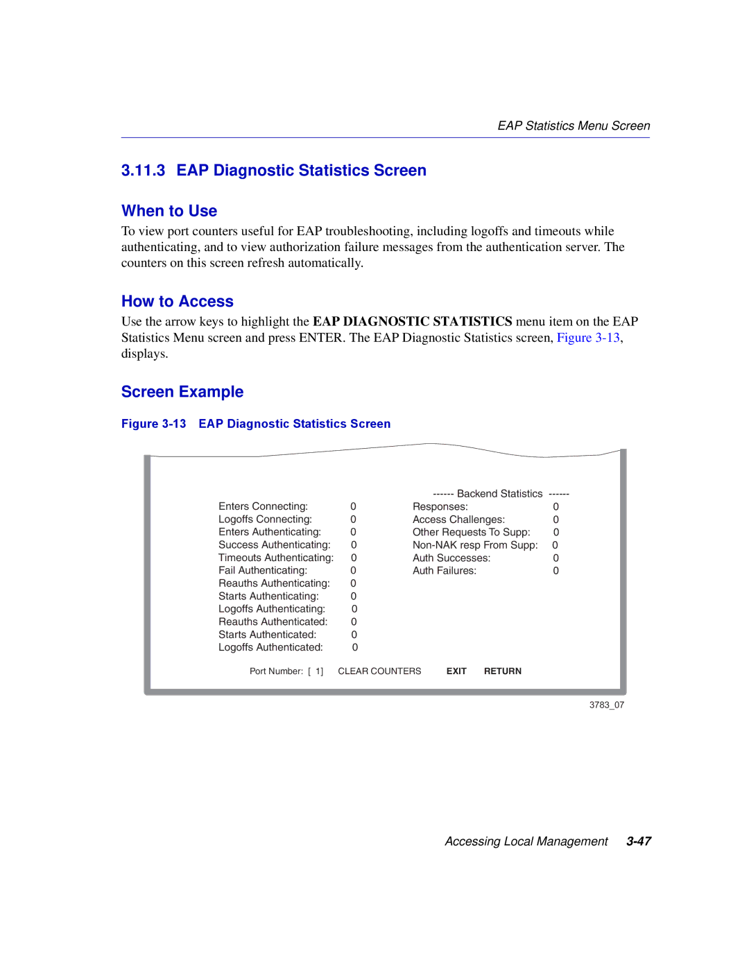 Enterasys Networks 2H253, 2E253, 2H252, 2H258 manual EAP Diagnostic Statistics Screen When to Use 