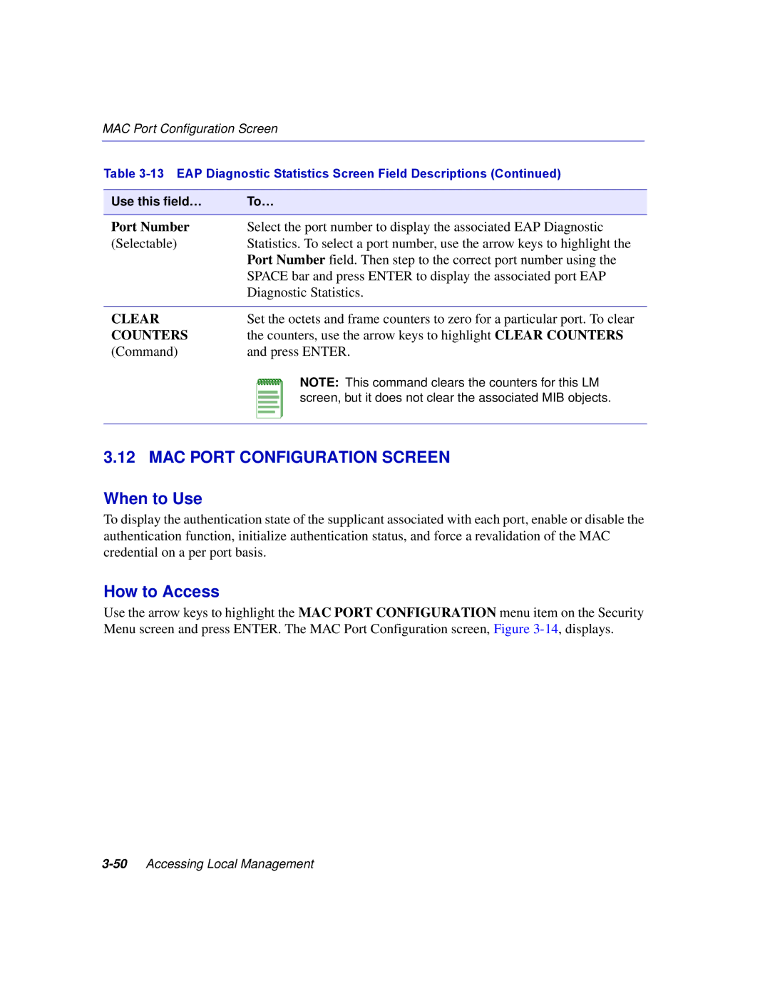 Enterasys Networks 2E253, 2H253, 2H252, 2H258 manual MAC Port Configuration Screen, Clear, Counters 