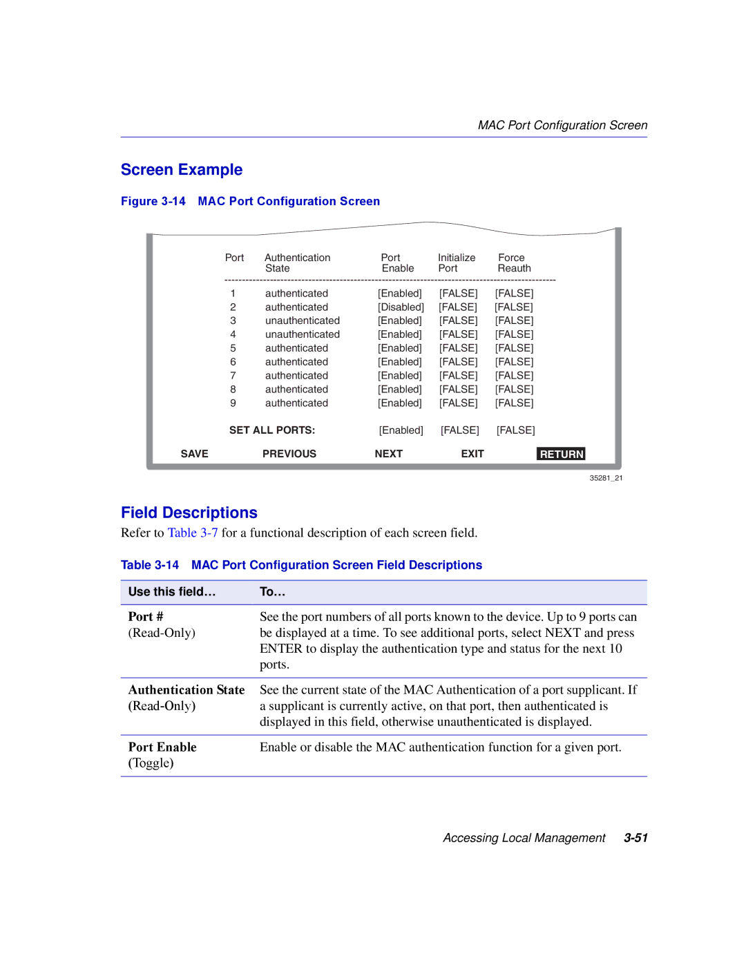 Enterasys Networks 2H253, 2E253, 2H252, 2H258 manual Port Enable, MAC Port Configuration Screen 