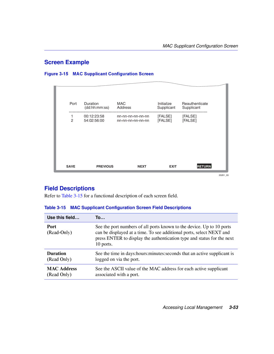 Enterasys Networks 2H258, 2E253, 2H253, 2H252 manual Duration, MAC Address 