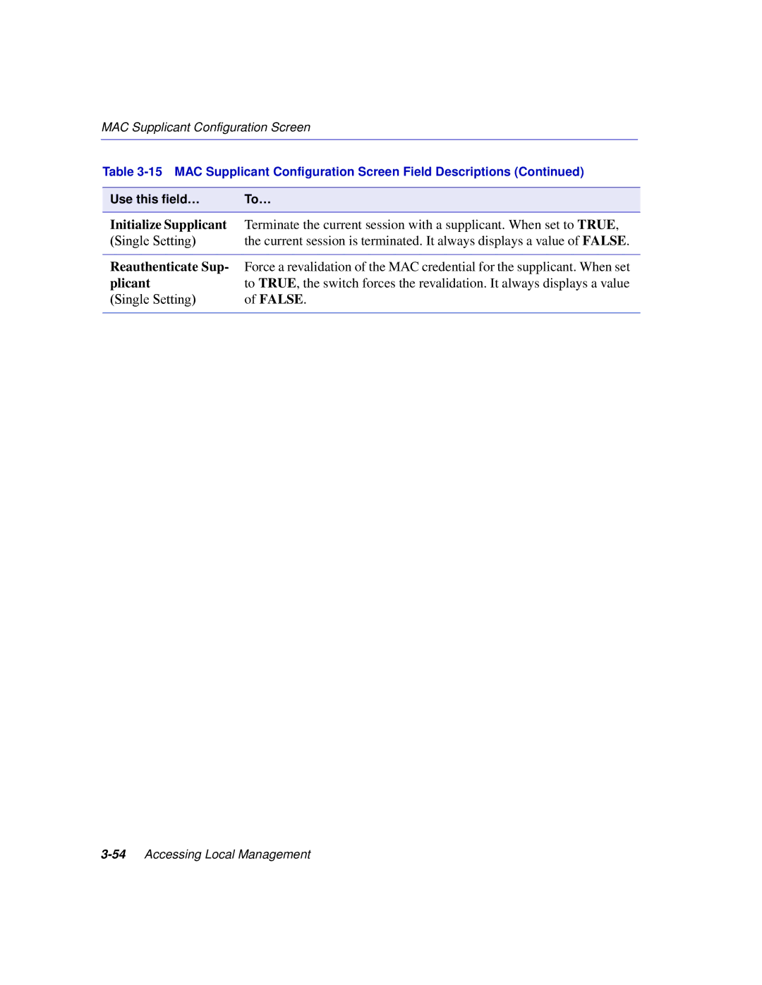 Enterasys Networks 2E253, 2H253, 2H252, 2H258 manual Initialize Supplicant, Reauthenticate Sup, Plicant, False 