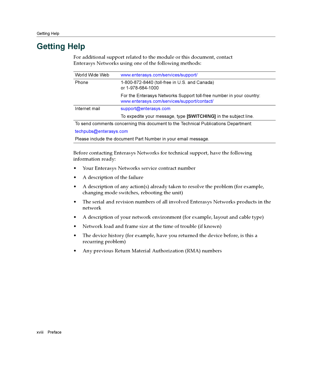 Enterasys Networks 2G4072-52 manual Getting Help, Support@enterasys.com 