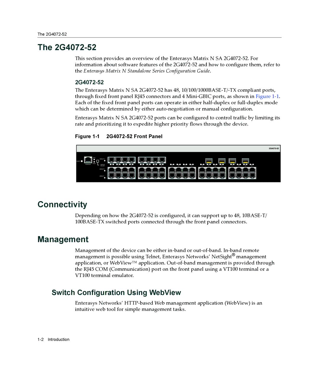 Enterasys Networks 2G4072-52 manual Connectivity, Management, Switch Configuration Using WebView 