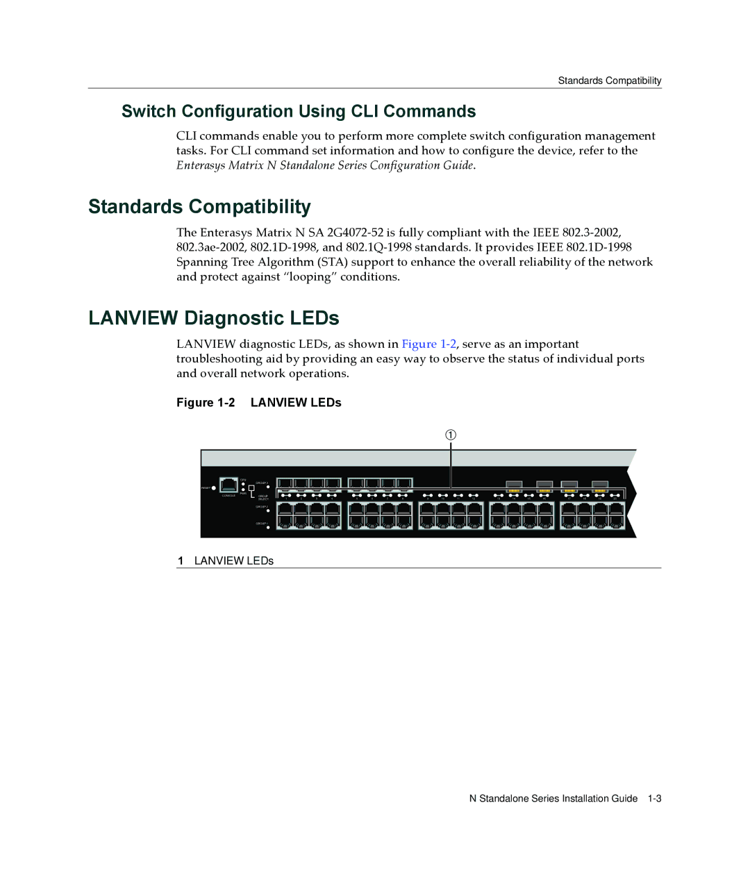 Enterasys Networks 2G4072-52 Standards Compatibility, Lanview Diagnostic LEDs, Switch Configuration Using CLI Commands 