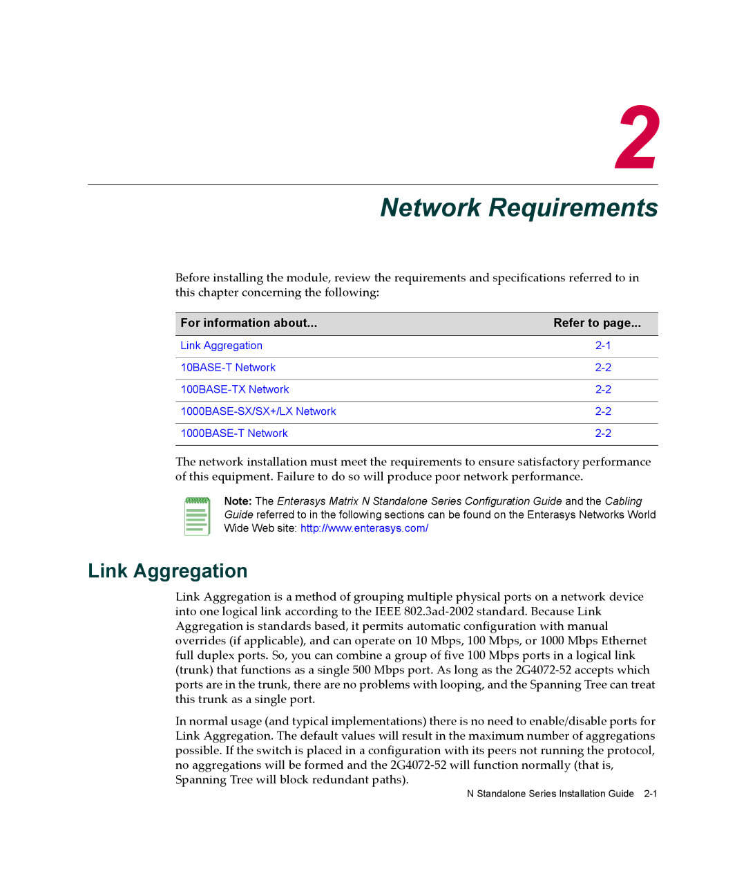 Enterasys Networks 2G4072-52 manual Network Requirements, Link Aggregation 