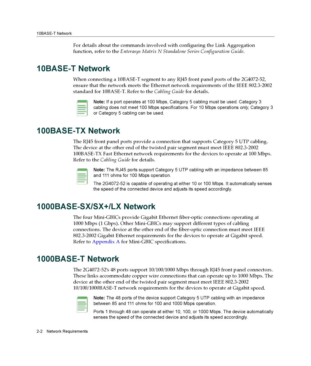 Enterasys Networks 2G4072-52 manual 10BASE-T Network, 100BASE-TX Network, 1000BASE-SX/SX+/LX Network, 1000BASE-T Network 