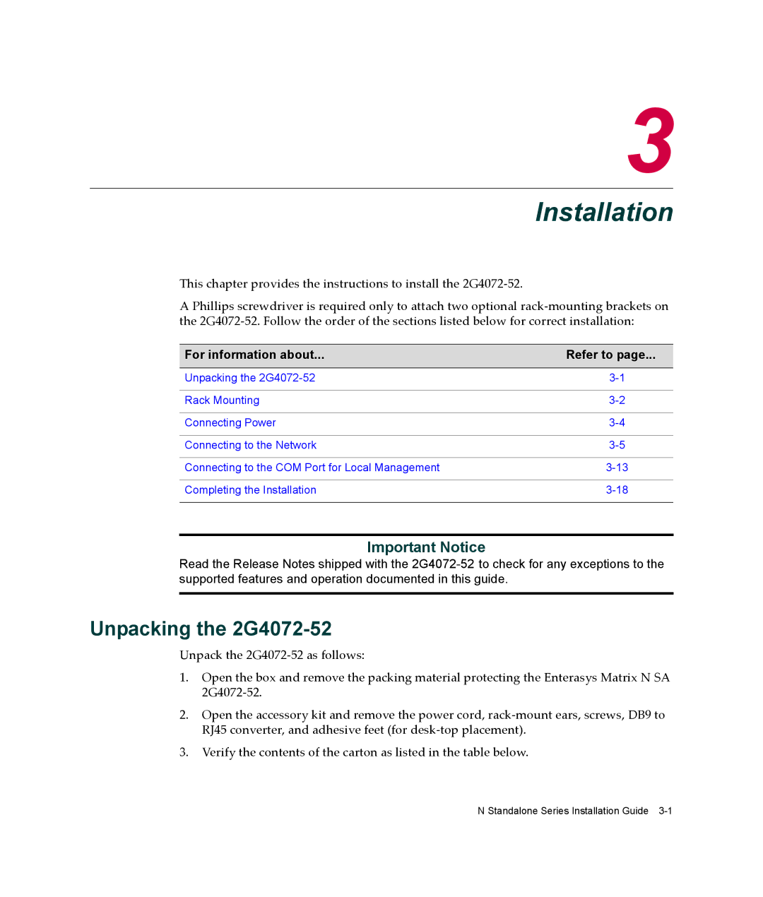 Enterasys Networks manual Installation, Unpacking the 2G4072-52 