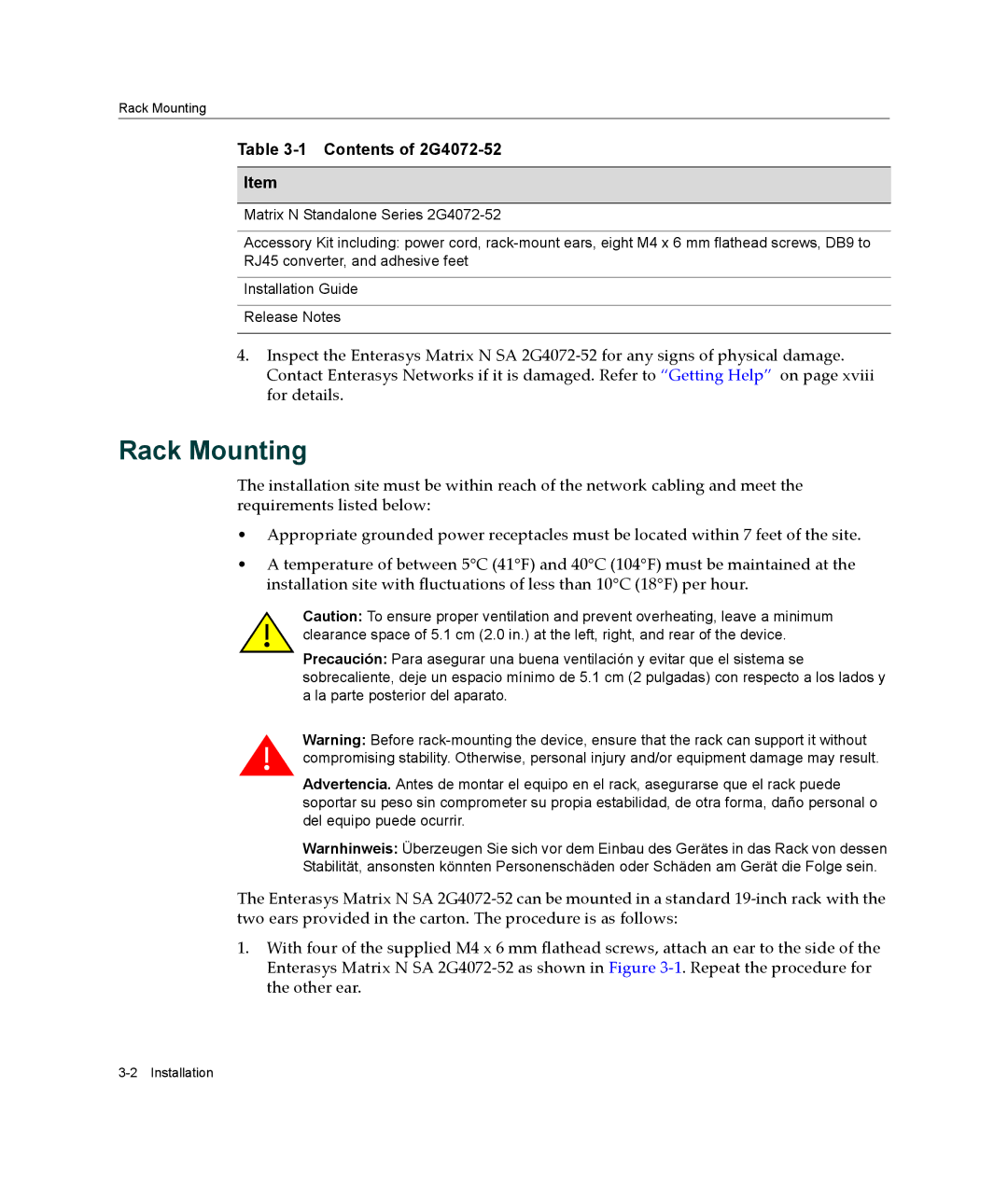 Enterasys Networks manual Rack Mounting, Contents of 2G4072-52 