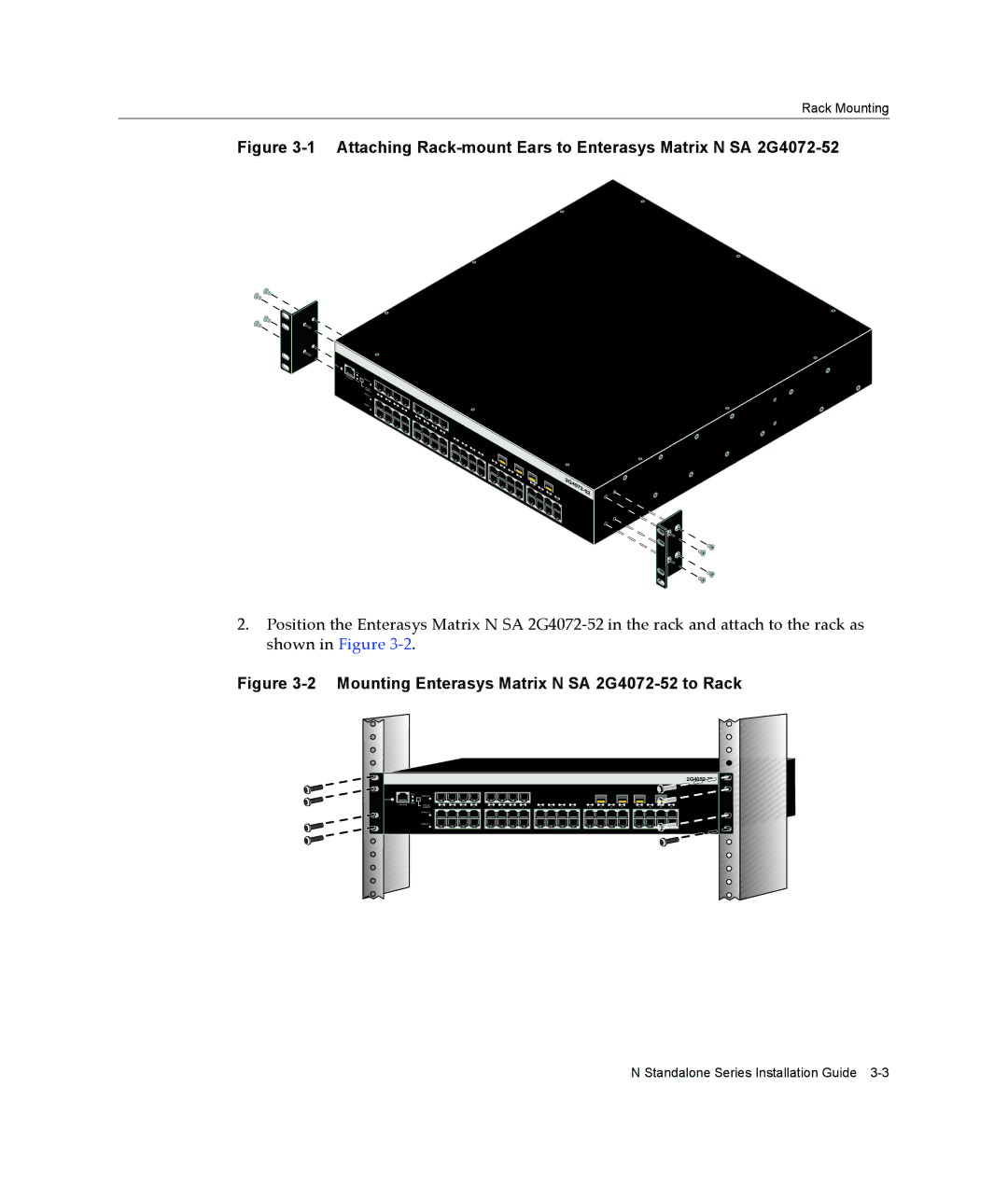 Enterasys Networks manual Attaching Rack-mount Ears to Enterasys Matrix N SA 2G4072-52 