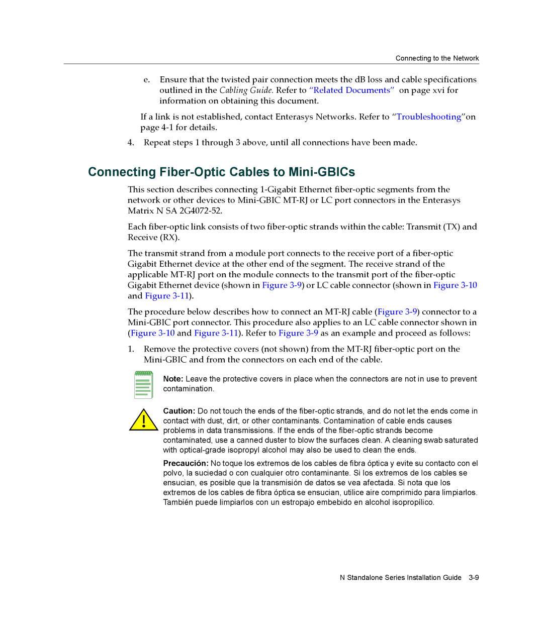 Enterasys Networks 2G4072-52 manual Connecting Fiber-Optic Cables to Mini-GBICs 