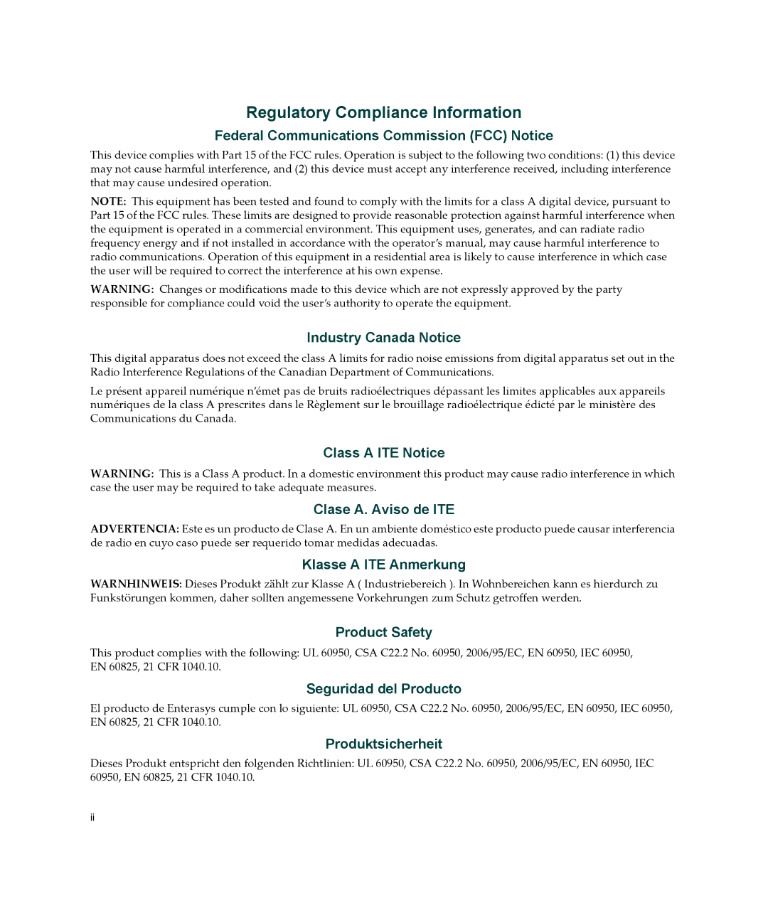 Enterasys Networks 2G4072-52 Federal Communications Commission FCC Notice, Industry Canada Notice, Klasse a ITE Anmerkung 