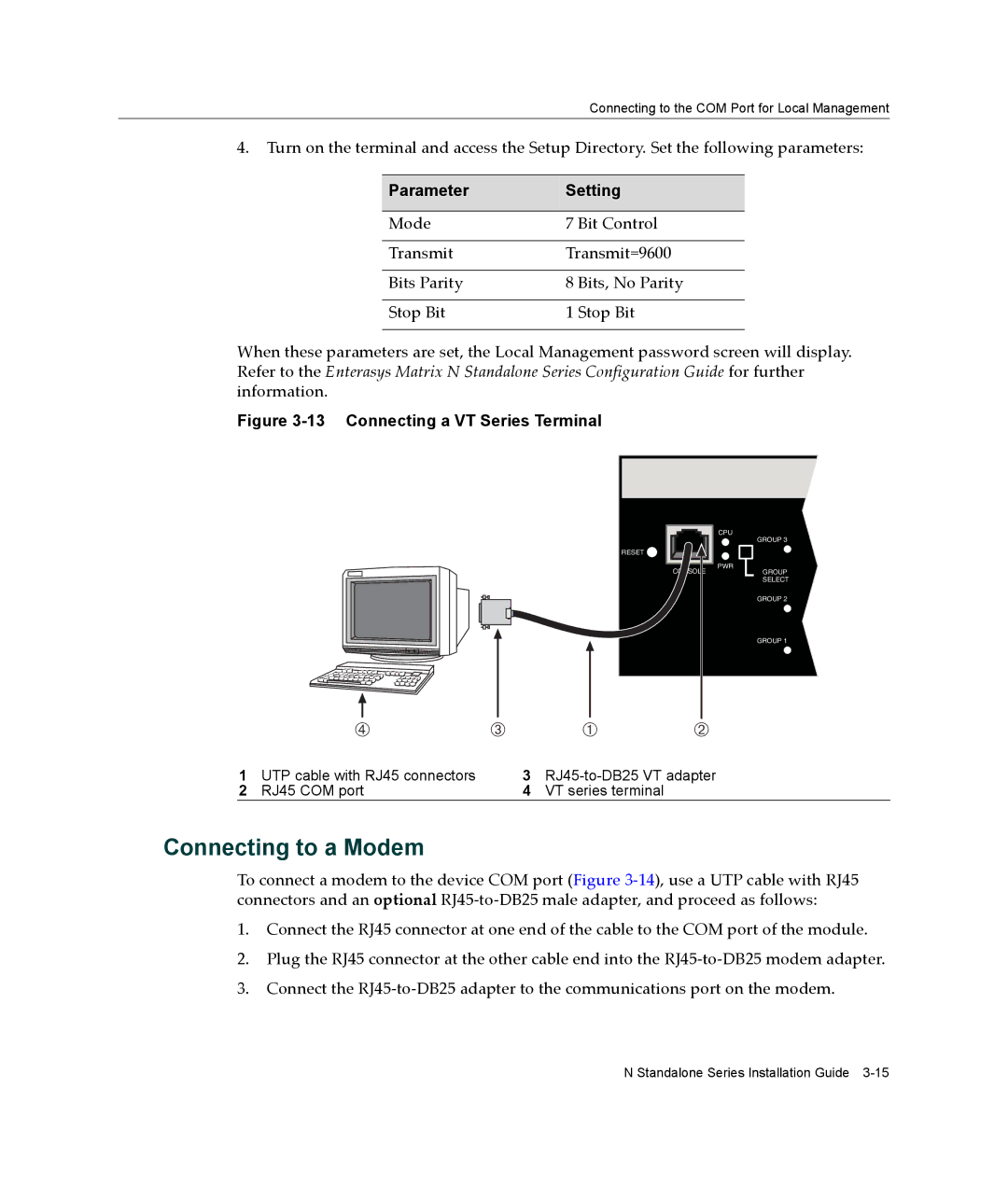 Enterasys Networks 2G4072-52 manual Connecting to a Modem, Connecting a VT Series Terminal 