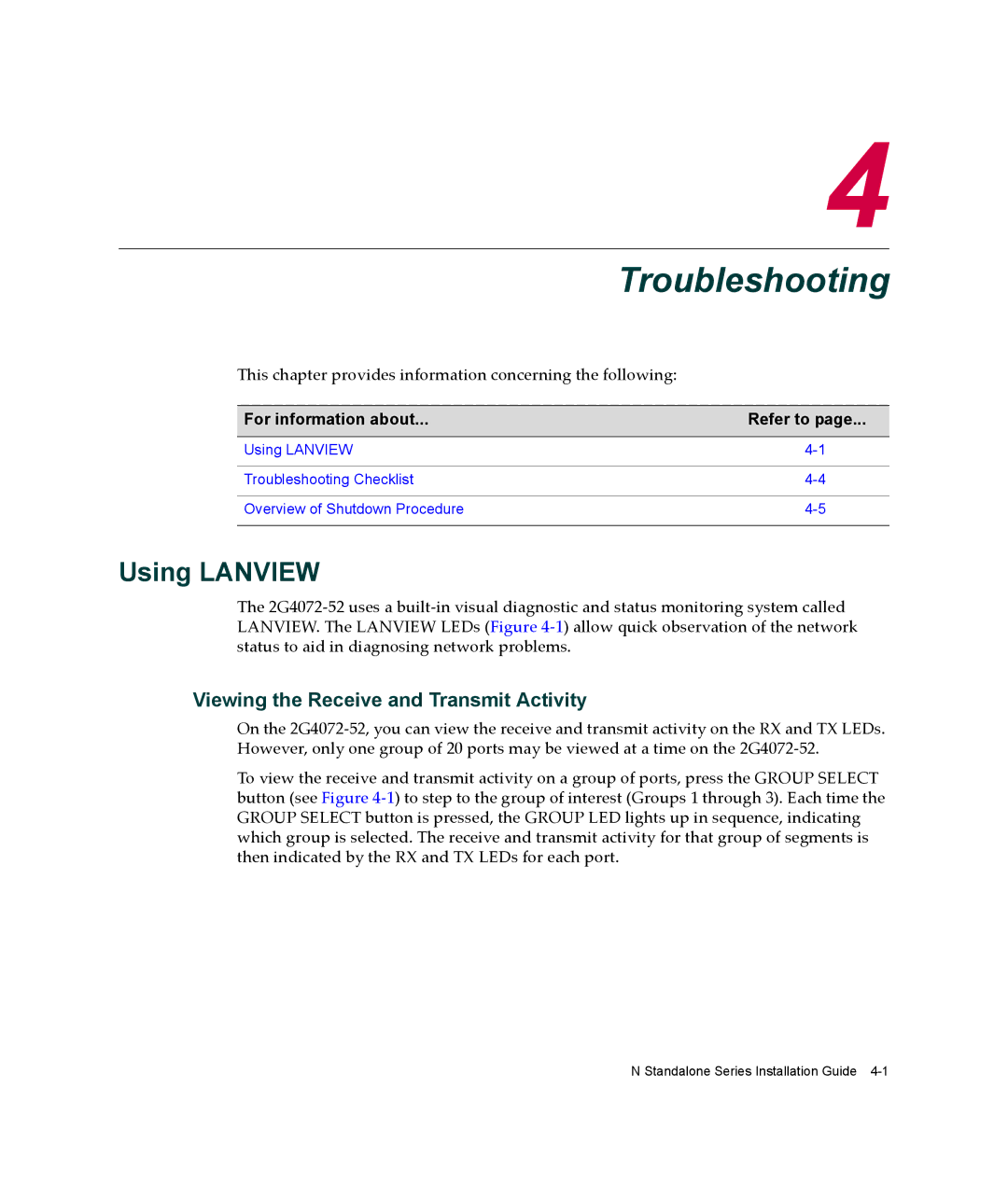 Enterasys Networks 2G4072-52 manual Troubleshooting, Using Lanview, Viewing the Receive and Transmit Activity 