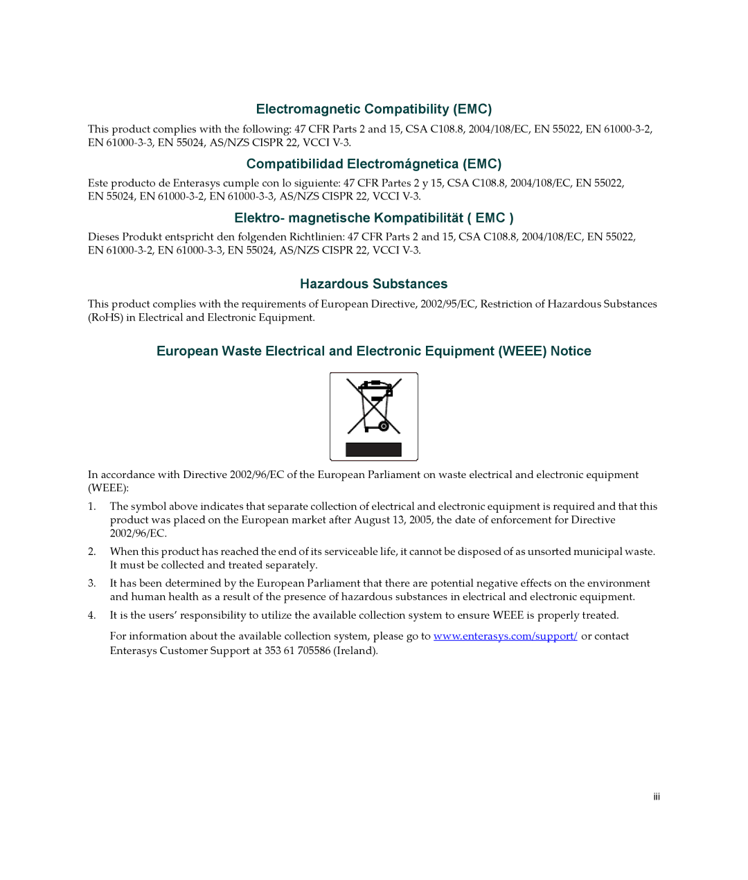 Enterasys Networks 2G4072-52 Electromagnetic Compatibility EMC, Compatibilidad Electromágnetica EMC, Hazardous Substances 