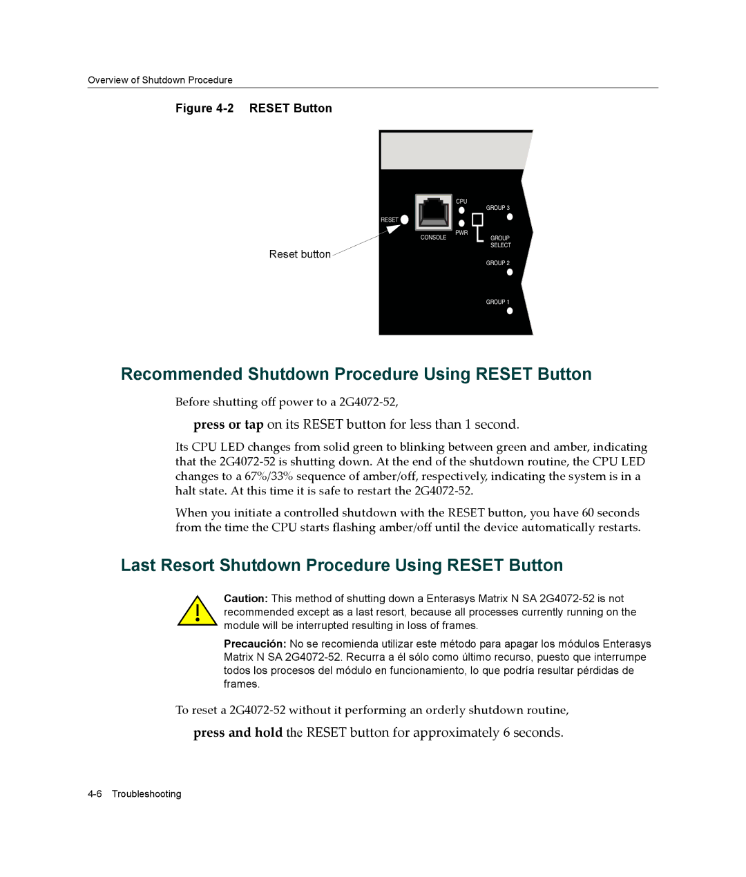 Enterasys Networks 2G4072-52 manual Recommended Shutdown Procedure Using Reset Button 