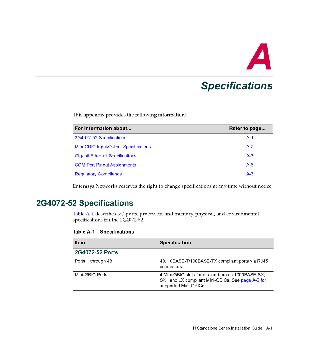 Enterasys Networks manual 2G4072-52 Specifications, 2G4072-52 Ports, Table A-1 Specifications ItemSpecification 