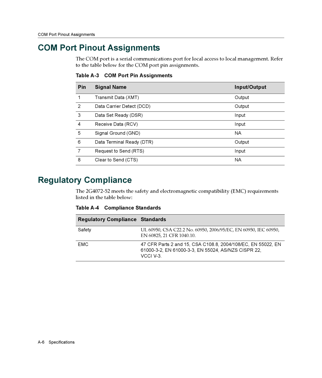 Enterasys Networks 2G4072-52 manual COM Port Pinout Assignments, Regulatory Compliance 