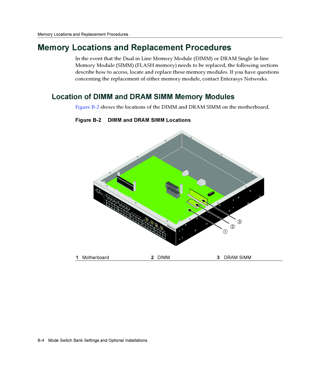 Enterasys Networks 2G4072-52 Memory Locations and Replacement Procedures, Location of Dimm and Dram Simm Memory Modules 